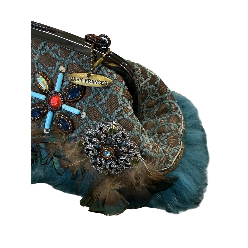 Mary Frances Beaded Feather Fur Evening Clutch Handbag Blue Brown Jeweled Purse - Picture 6 of 16